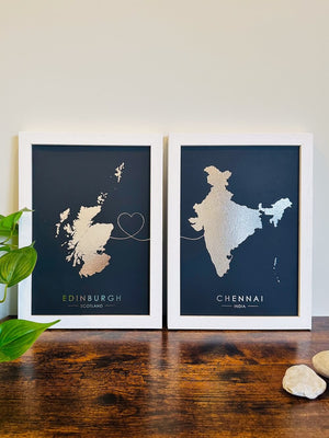 Connect Any 2 Locations | Custom Map Foil Print | Set of 2